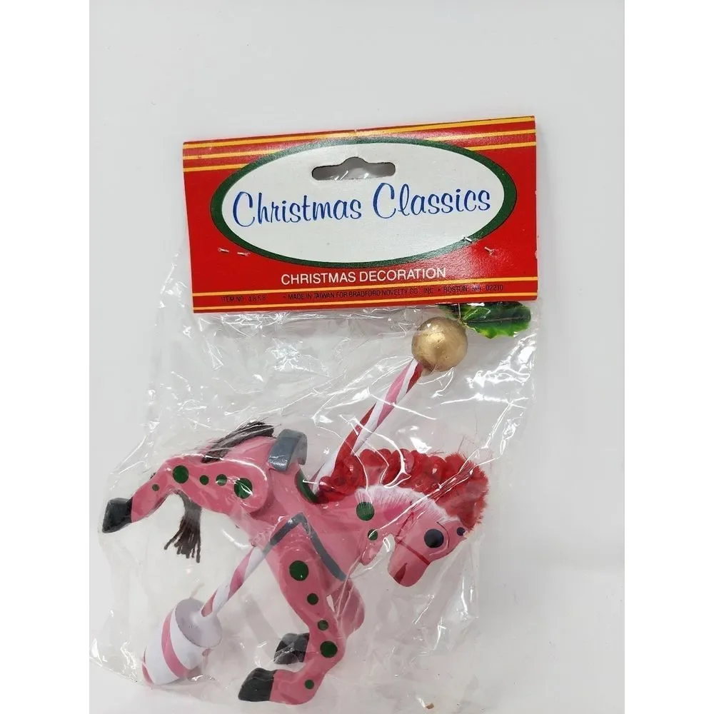 NWT Vintage Bradford‎ Novelty Company Pink Wood Carousel Horse Ornament